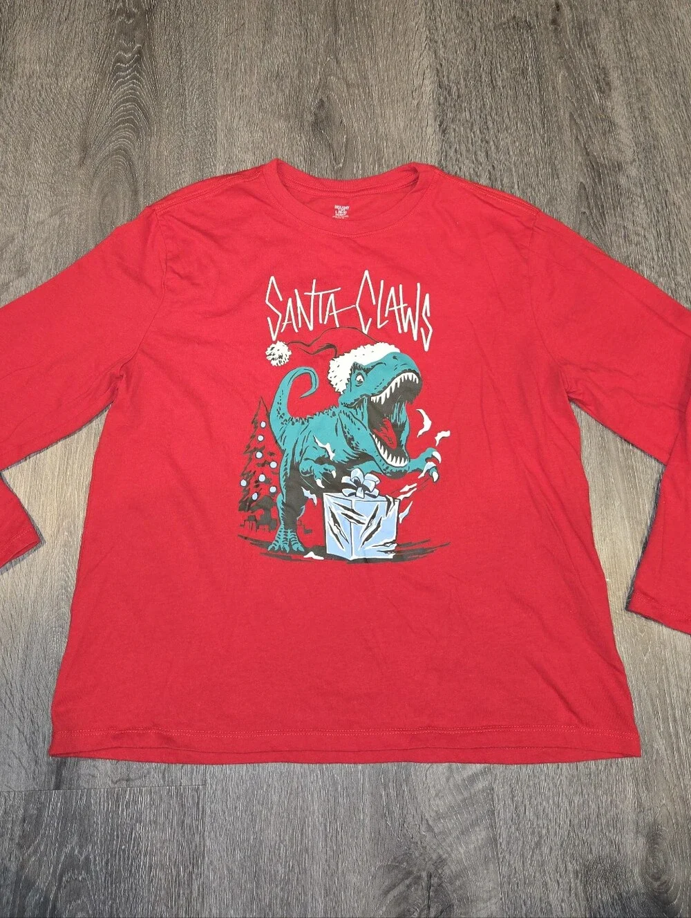 Holiday Time Red Long Sleeve Tee with Teal Dinosaur Santa Graphic